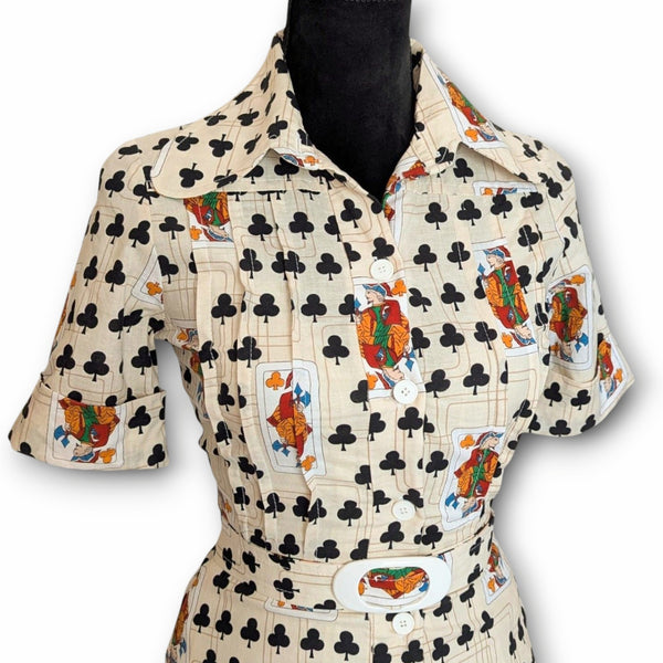 Vintage 1970s Playing Card Print Cotton Dress