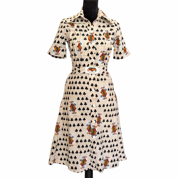 Vintage 1970s Playing Card Print Cotton Dress