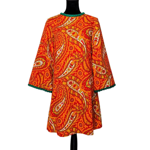 Late 1960's Orange Psychedelic Paisley Dress with Flared Sleeves!