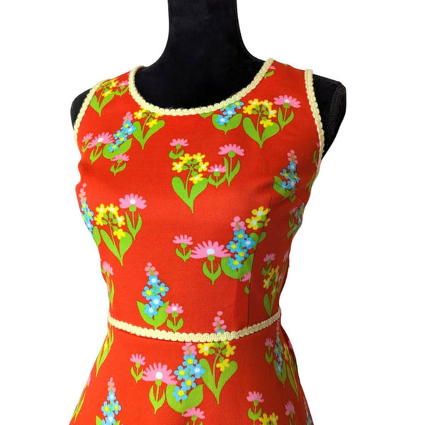 1960's Vintage Red Floral Crimplene Mod Mini Dress