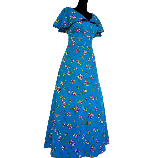 1970's Vintage Blue Floral Maxi Dress