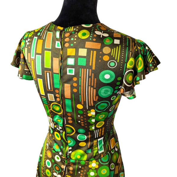 1960's Vintage Green Geometric Flower Power Mod Mini Dress