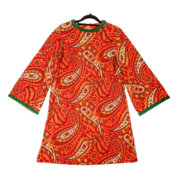 Late 1960's Orange Psychedelic Paisley Dress with Flared Sleeves!