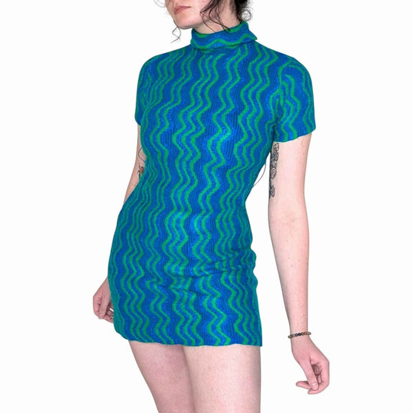 1960's Vintage Green + Blue Mod Mini Dress