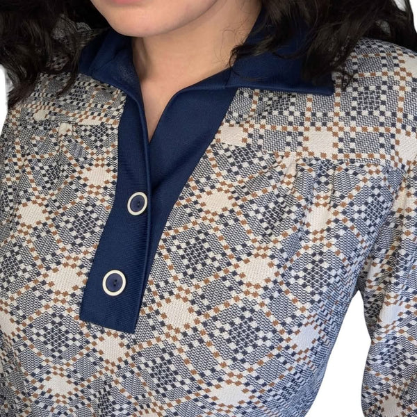 1960's Vintage Blue Geometric Mod Crimplene Shirt
