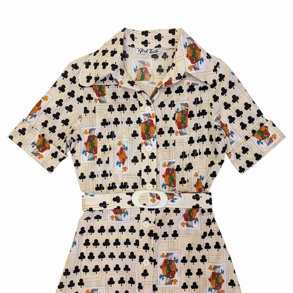 Vintage 1970s Playing Card Print Cotton Dress