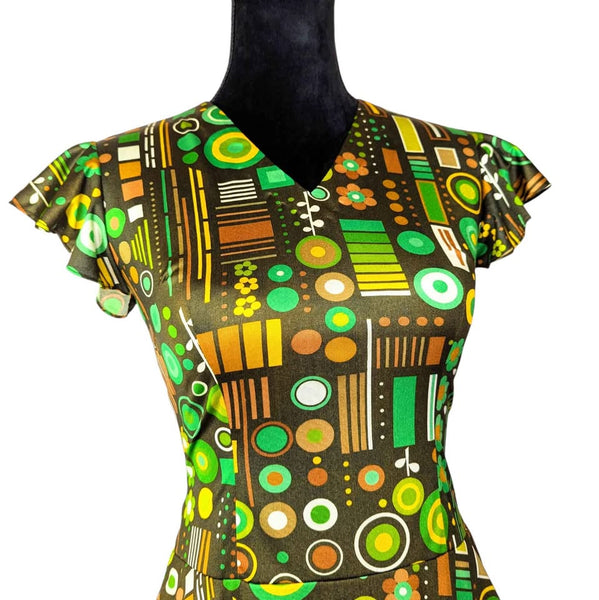 1960's Vintage Green Geometric Flower Power Mod Mini Dress