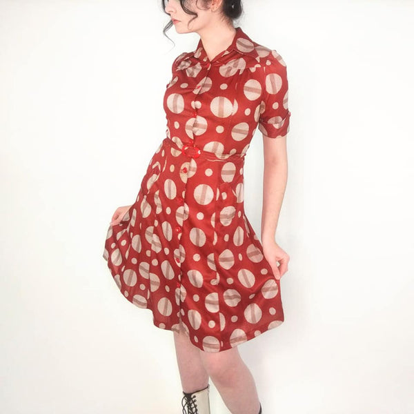 70's Vintage Spotty Op Art Style Red Dress Kitsch Vintage