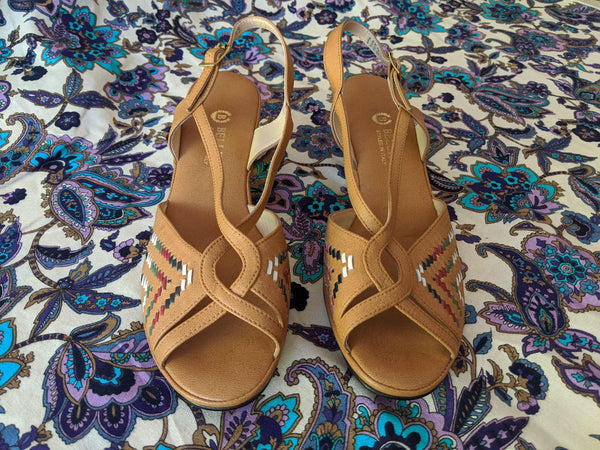 70's Style Vintage Block Heel Open Toe Heels Sandals Kitsch Vintage