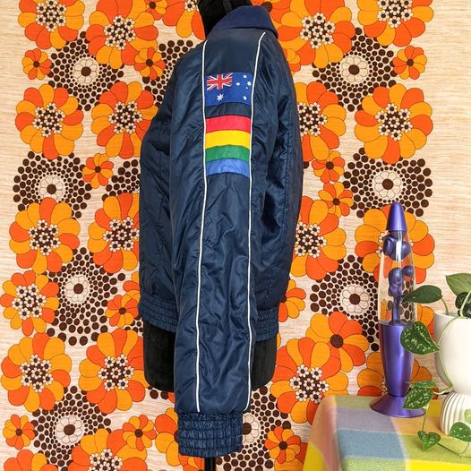 1970's / 1980's Vintage Navy Blue Colourblock Bomber Jacket