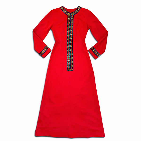 1970's Vintage Red Boho Maxi Dress