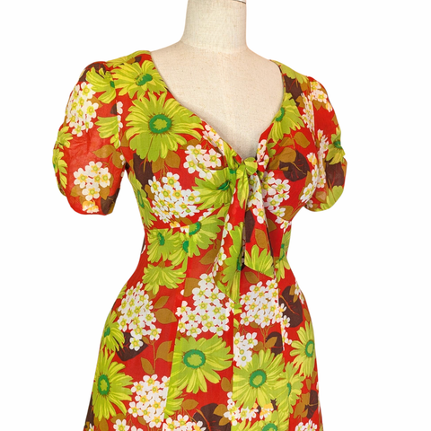 1970's Vintage Floral Red Cotton Maxi Dress