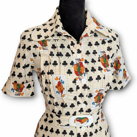 Vintage 1970s Playing Card Print Cotton Dress