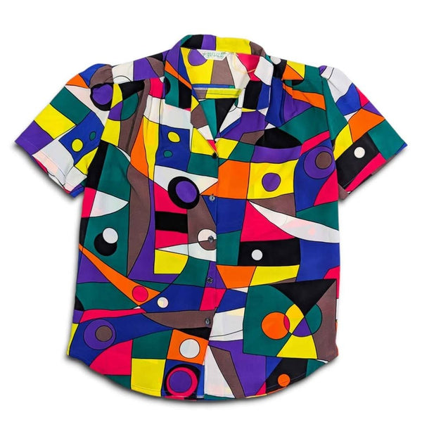Kitsch Vintage 1980s multicolour geometric print short sleeve button-up shirt in lightweight polyester