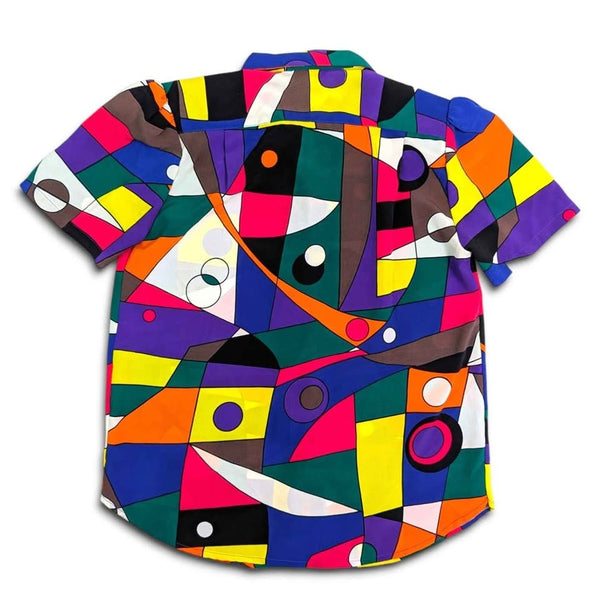 Kitsch Vintage 1980s multicolour geometric print short sleeve button up shirt in lightweight polyester