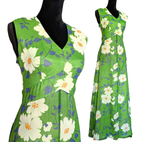 1970's Vintage Green Flower Power Maxi Dress