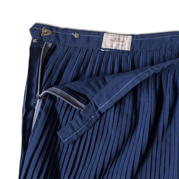 1970s Vintage Navy Blue Embroidered Pleated Skirt