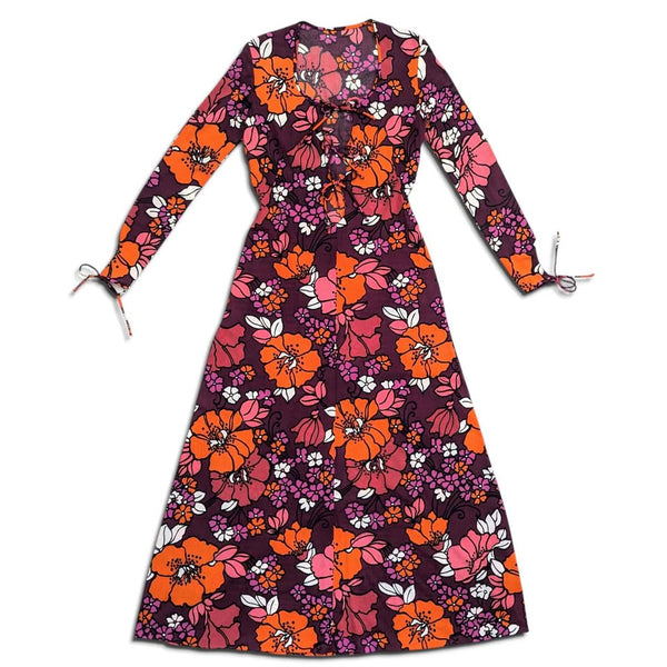 1970's Vintage Orange and Pink Floral Maxi Dress with Lace-Up Neckline