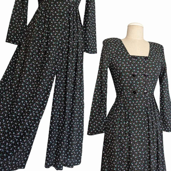 1980's Vintage Black Floral Jumpsuit