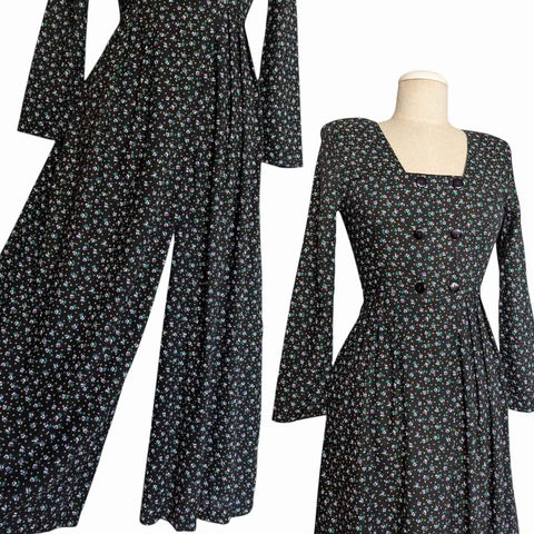 1980's Vintage Black Floral Jumpsuit