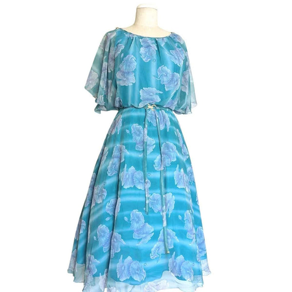 1970's Vintage Aqua Hibiscus Midi Dress