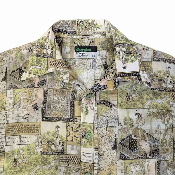 1970's Vintage Green Cotton Print Button Up Shirt