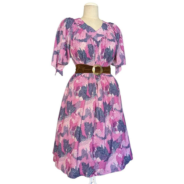 1970's Vintage Pink Print Midi Dress