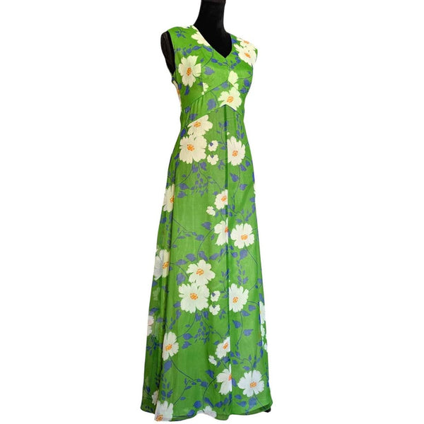 1970's Vintage Green Flower Power Maxi Dress