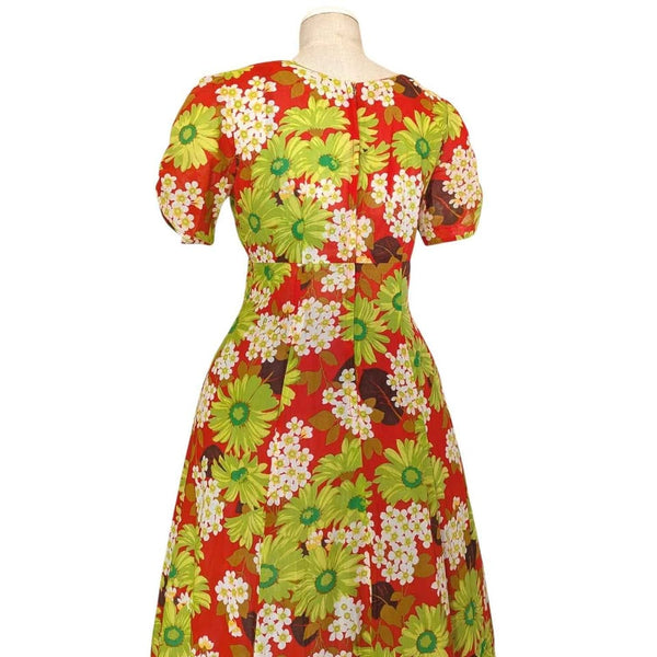 1970's Vintage Floral Red Cotton Maxi Dress