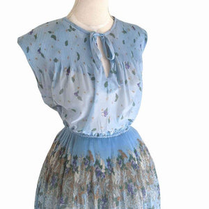 1970's Vintage Sky Blue Floral Day Dress