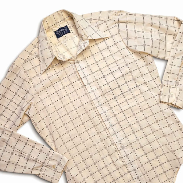 1970's Vintage Men's Cream Geometric Sun Print Dress Shirt