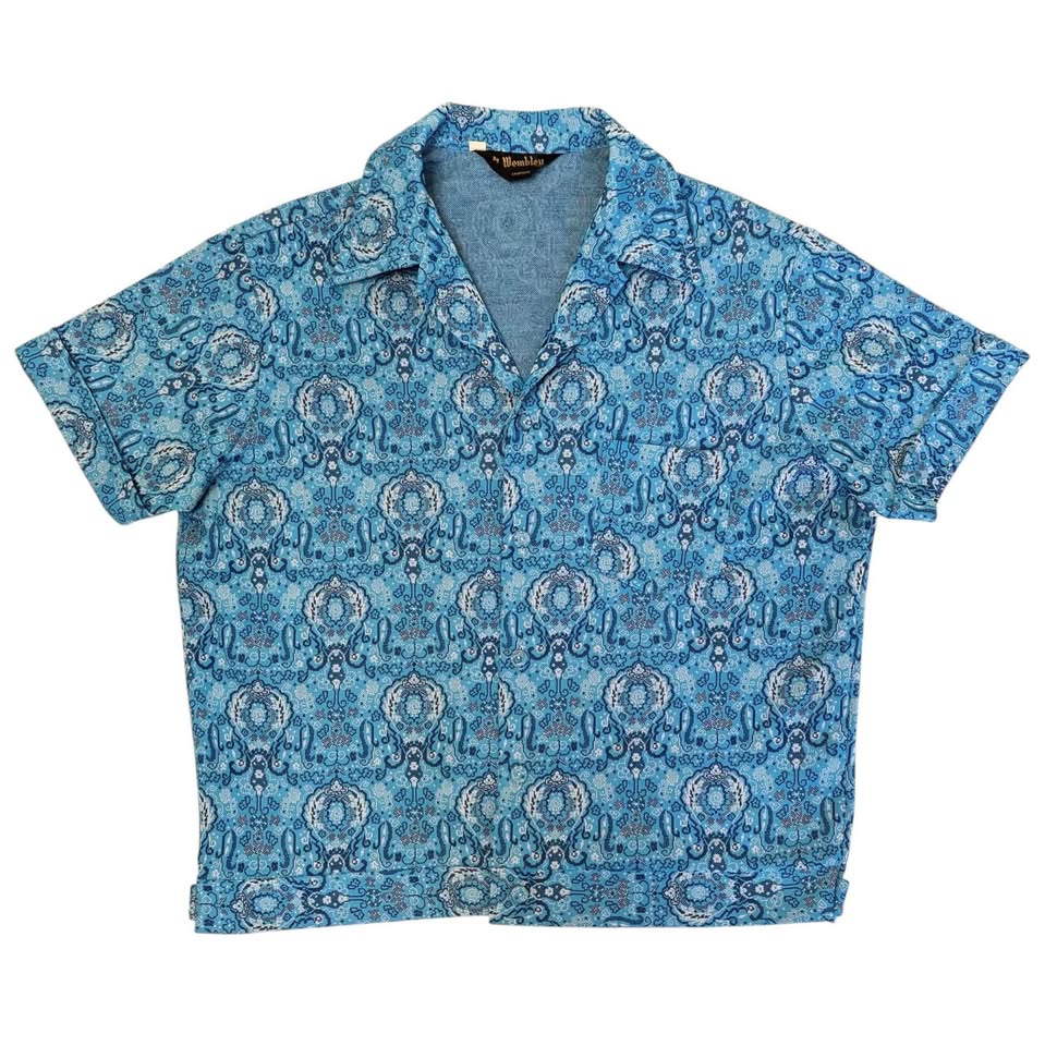 1960's Vintage Men's Blue Paisley Crimplene Mod Button Up Shirt