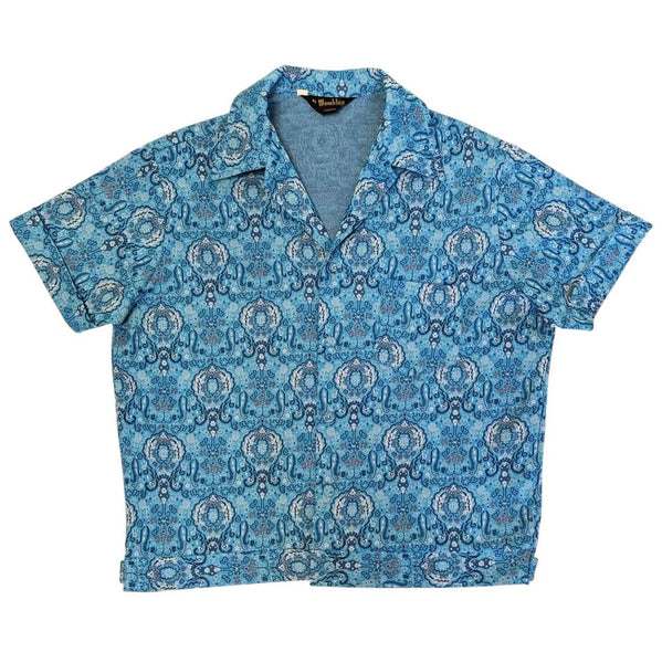 1960's Vintage Men's Blue Paisley Crimplene Mod Button Up Shirt