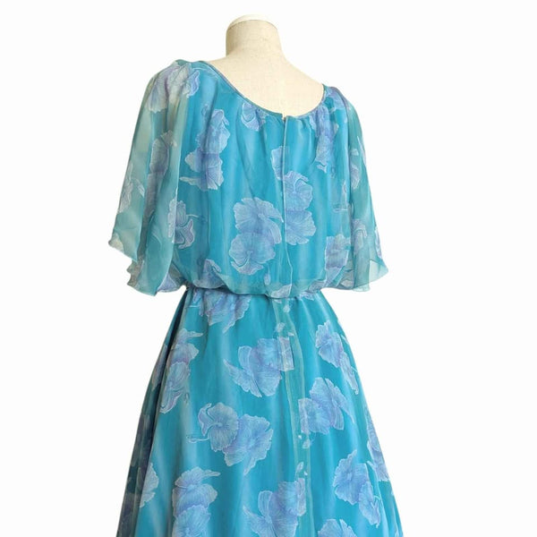 1970's Vintage Aqua Hibiscus Midi Dress