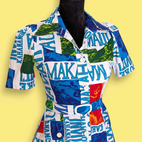 1970s Hawaiian Print Cotton Mini Dress