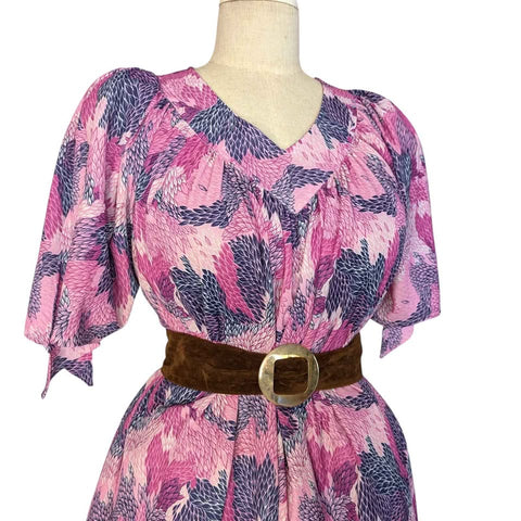 1970's Vintage Pink Print Midi Dress