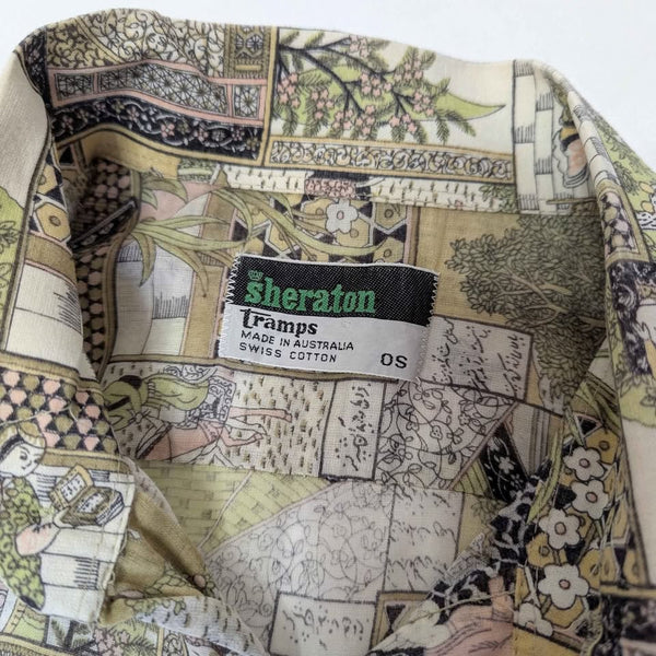 1970's Vintage Green Cotton Print Button Up Shirt