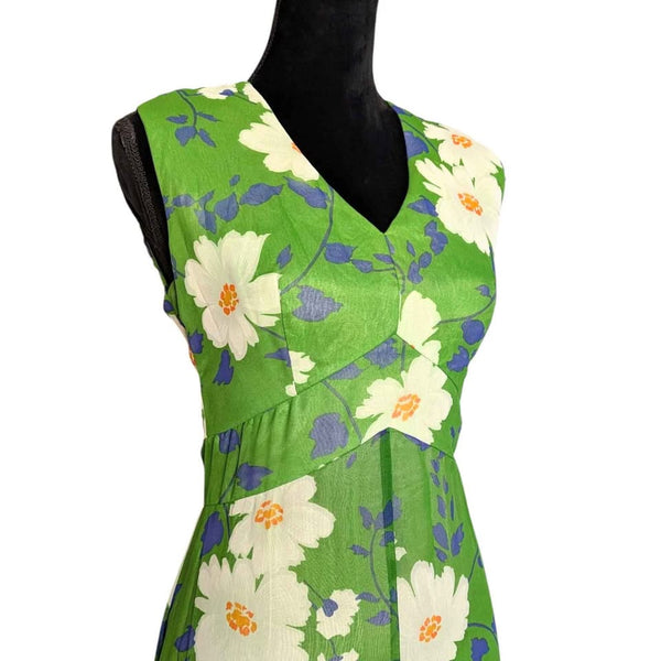 1970's Vintage Green Flower Power Maxi Dress