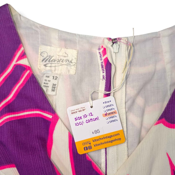 1970s Vintage Purple & Pink Hawaiian Floral Maxi Dress