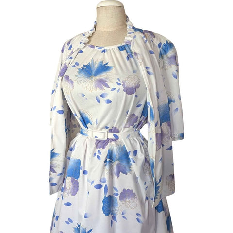1970's Vintage White and Purple Floral Dress and Bolero Top Set