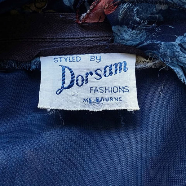 1970's Vintage Blue Floral Chiffon Midi Dress