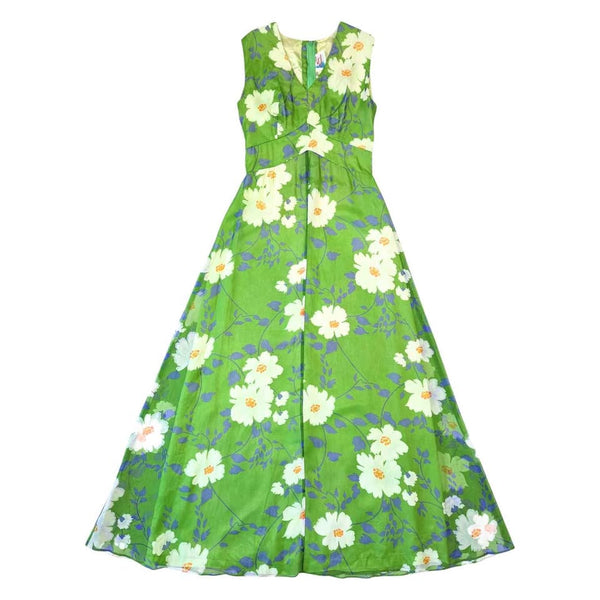 1970's Vintage Green Flower Power Maxi Dress
