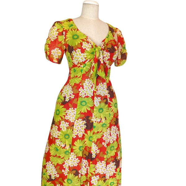 1970's Vintage Floral Red Cotton Maxi Dress