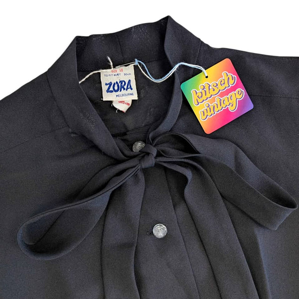 1970's Vintage Deadstock Black Pussybow Blouse