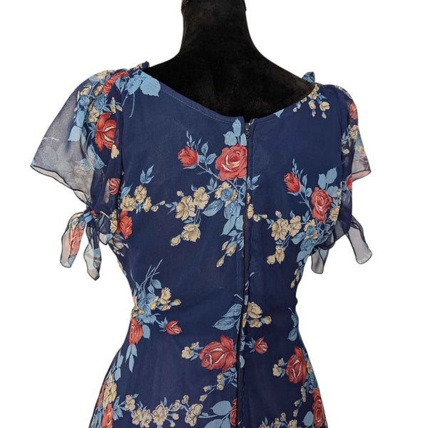 1970's Vintage Blue Floral Chiffon Midi Dress