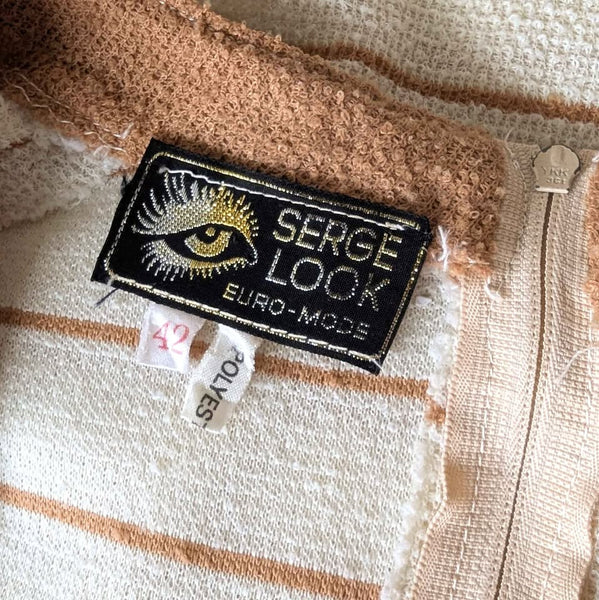 1970s Vintage Tan Striped Terry Toweling Day Dress