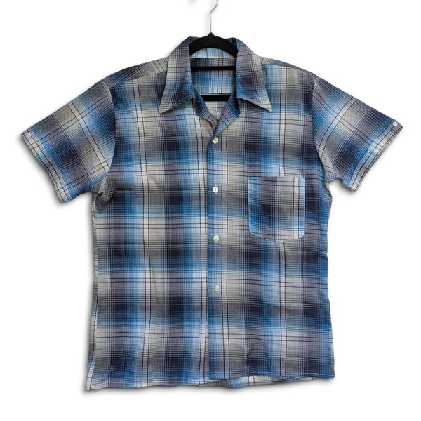 1970's Vintage Blue + Navy Plaid Men's Button Up Shirt