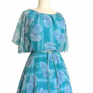 1970's Vintage Aqua Hibiscus Midi Dress