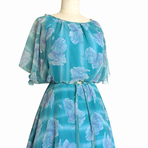 1970's Vintage Aqua Hibiscus Midi Dress