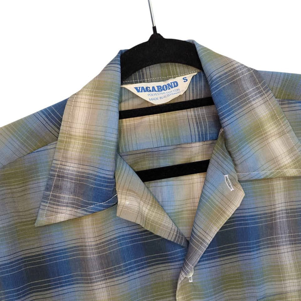 1970's Vintage Green + Navy Plaid Men's Button Up Shirt